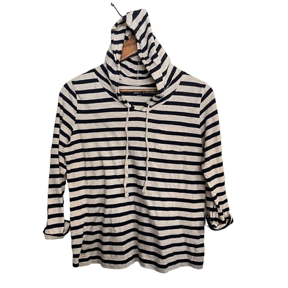 LOFT Womens Cream Blue Nautical Striped Roll Tab Pocket Hooded Blouse Medium